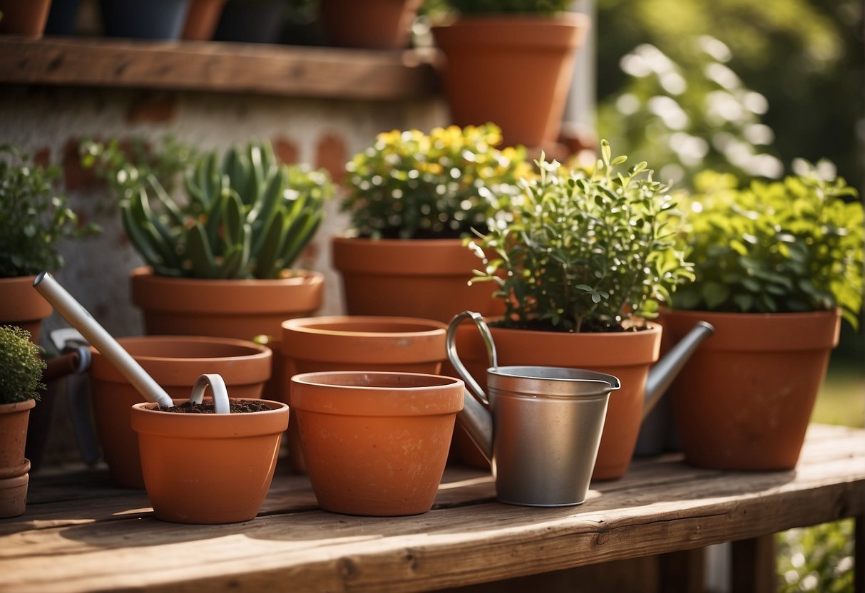 Terracotta pots arranged on a outdoor patio, surrounded by gardening tools and a watering can. Sunlight highlights the textured surface of the pots