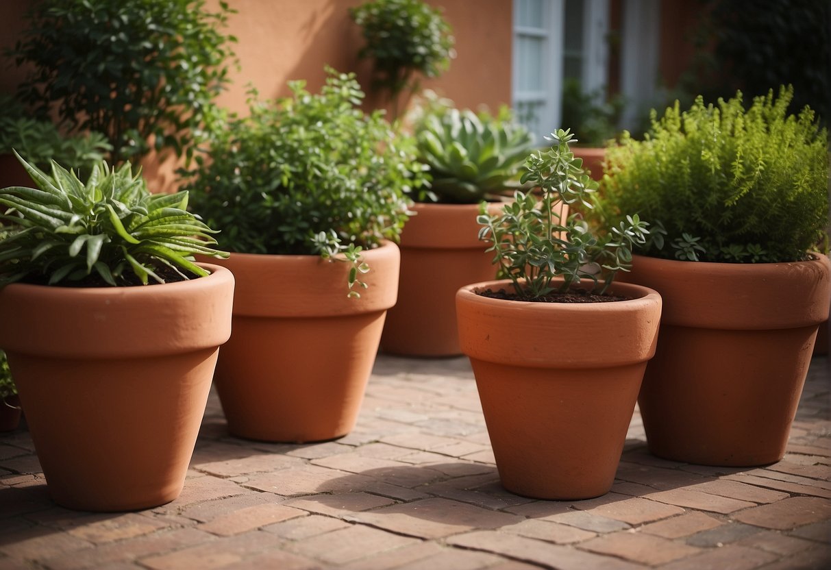 Several large terracotta pots arranged in a spacious outdoor setting, with vibrant green plants spilling over the edges. The pots are varied in size and shape, creating an interesting visual display