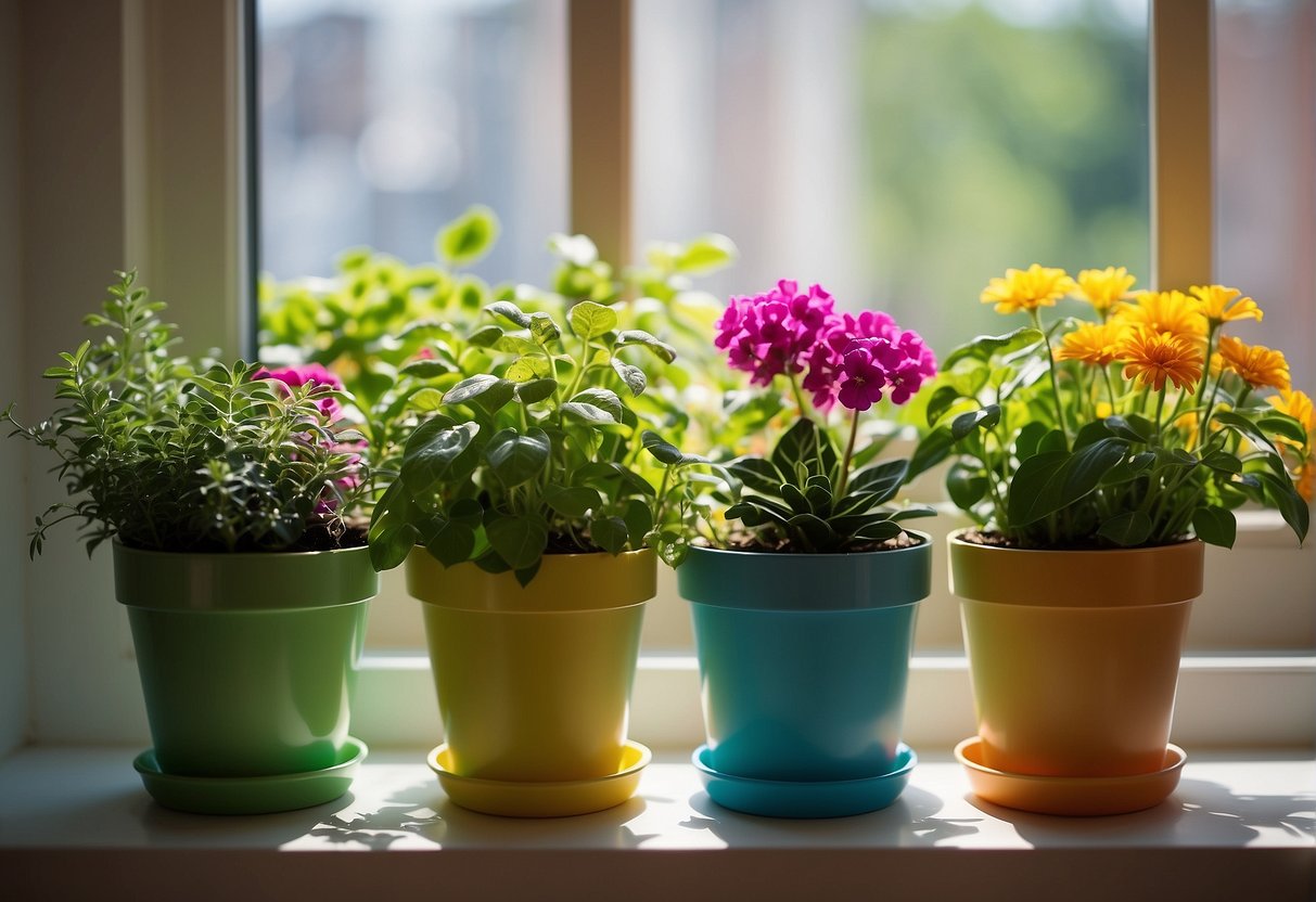 Several plastic planters arranged on a sunny windowsill. Each planter is filled with vibrant green foliage and colorful flowers, creating a cheerful and inviting scene