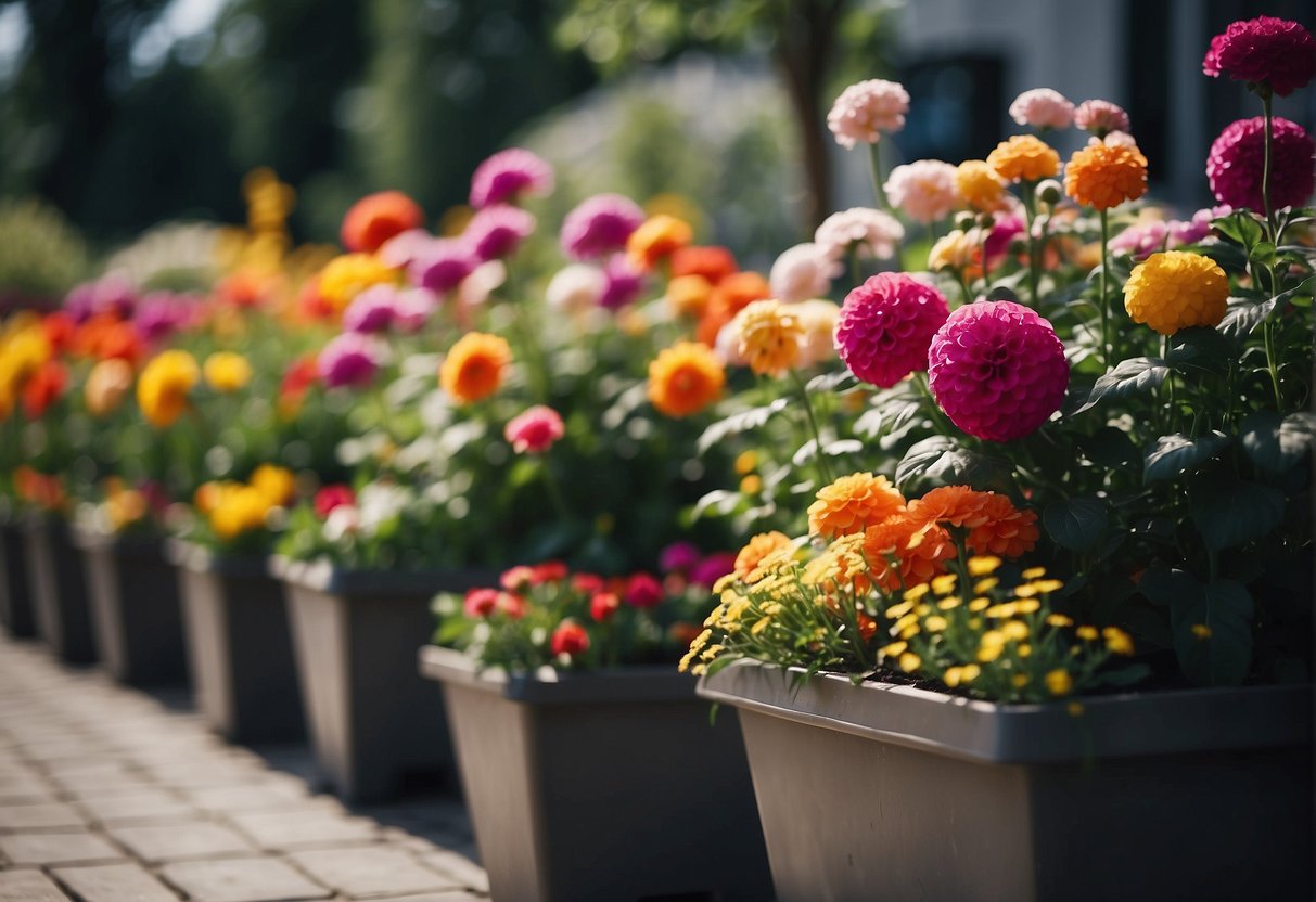 A garden filled with vibrant flowers in plastic planters, showcasing their durability and weather resistance
