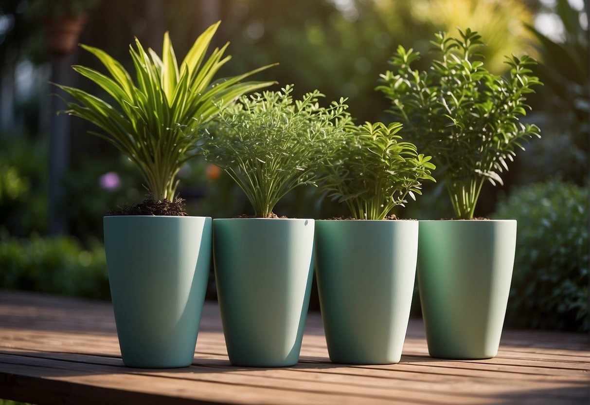 Tall plastic pots stand in a row, filled with vibrant green plants, against a backdrop of a sunlit garden