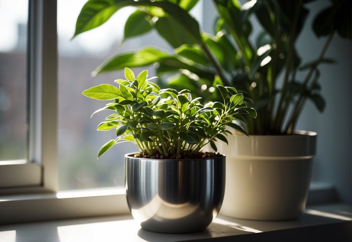 A shiny metal pot holds a lush green plant, sitting on a windowsill with sunlight streaming in