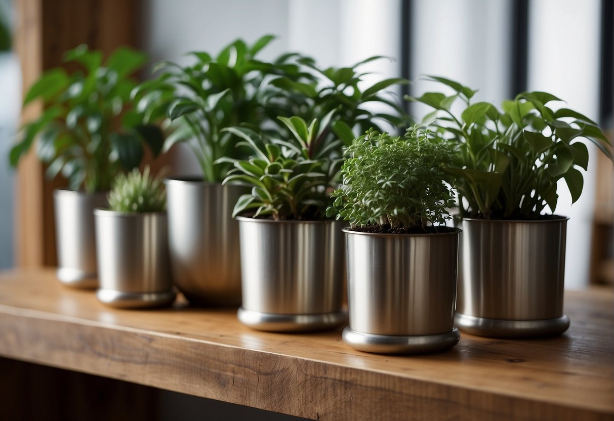 Several metal pot plants arranged on a wooden shelf, varying in size and shape, with green leafy plants spilling over the edges