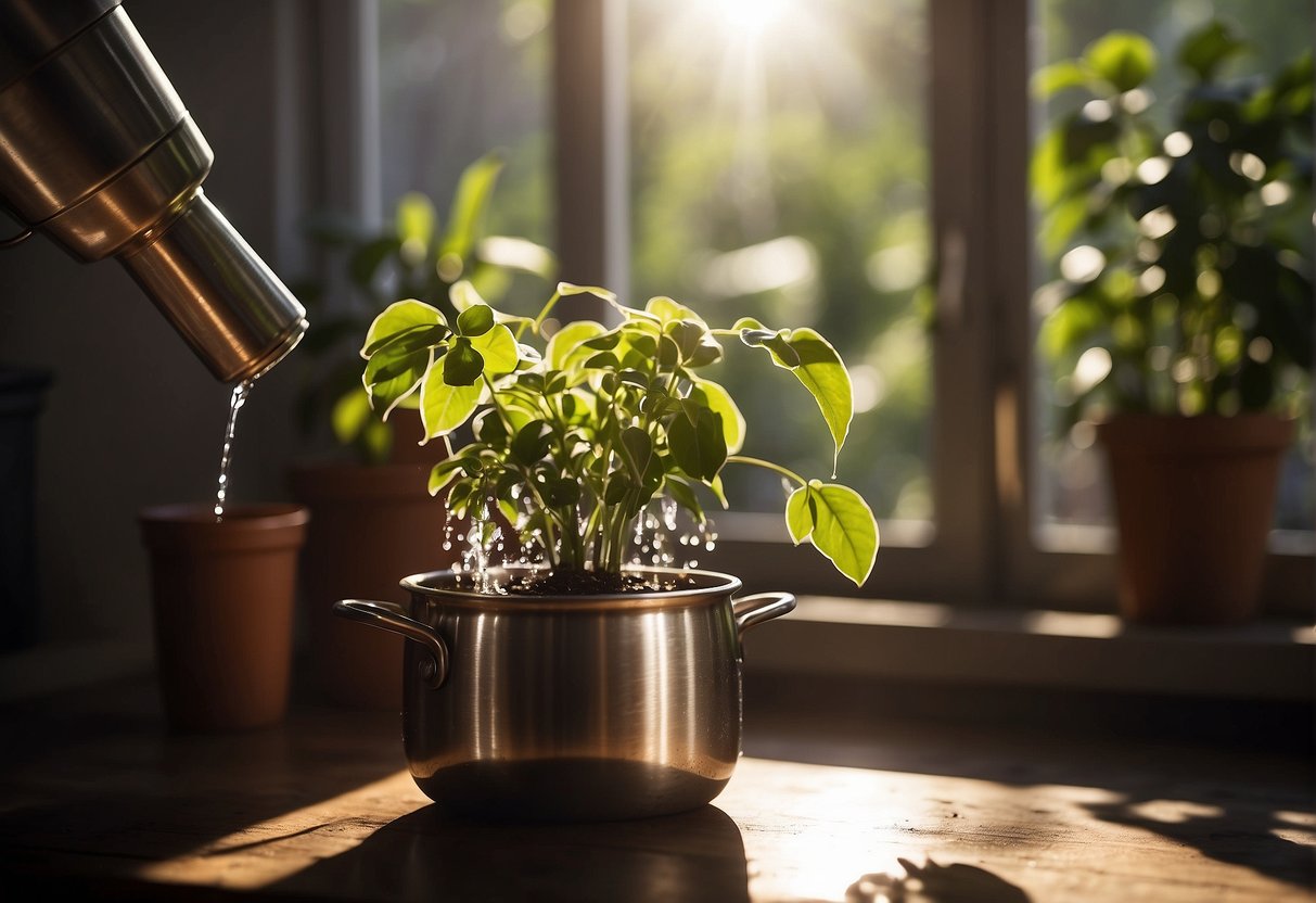 A hand pours water into a metal pot containing a green plant. Sunlight streams through a nearby window, casting a warm glow on the scene