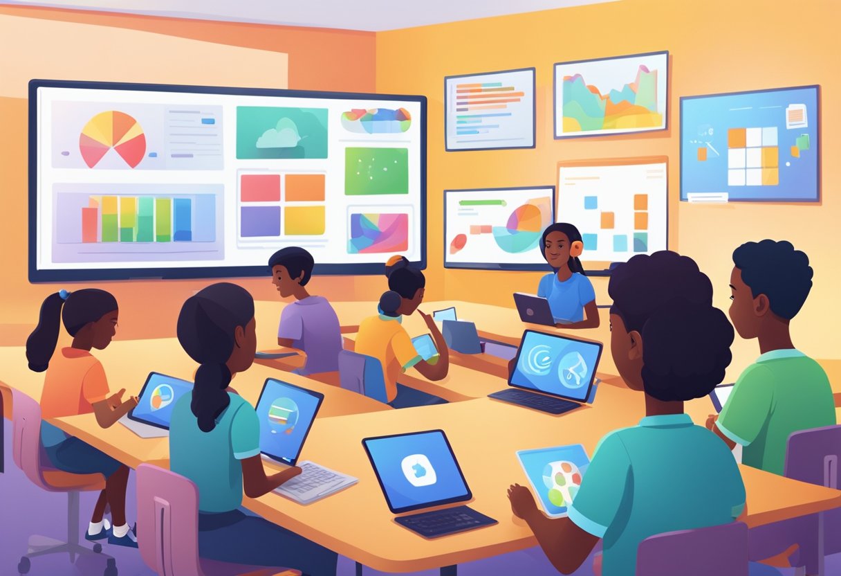 A diverse group of students engage with educational apps on tablets, while a teacher monitors progress on a computer. The classroom is filled with colorful visuals and interactive learning tools