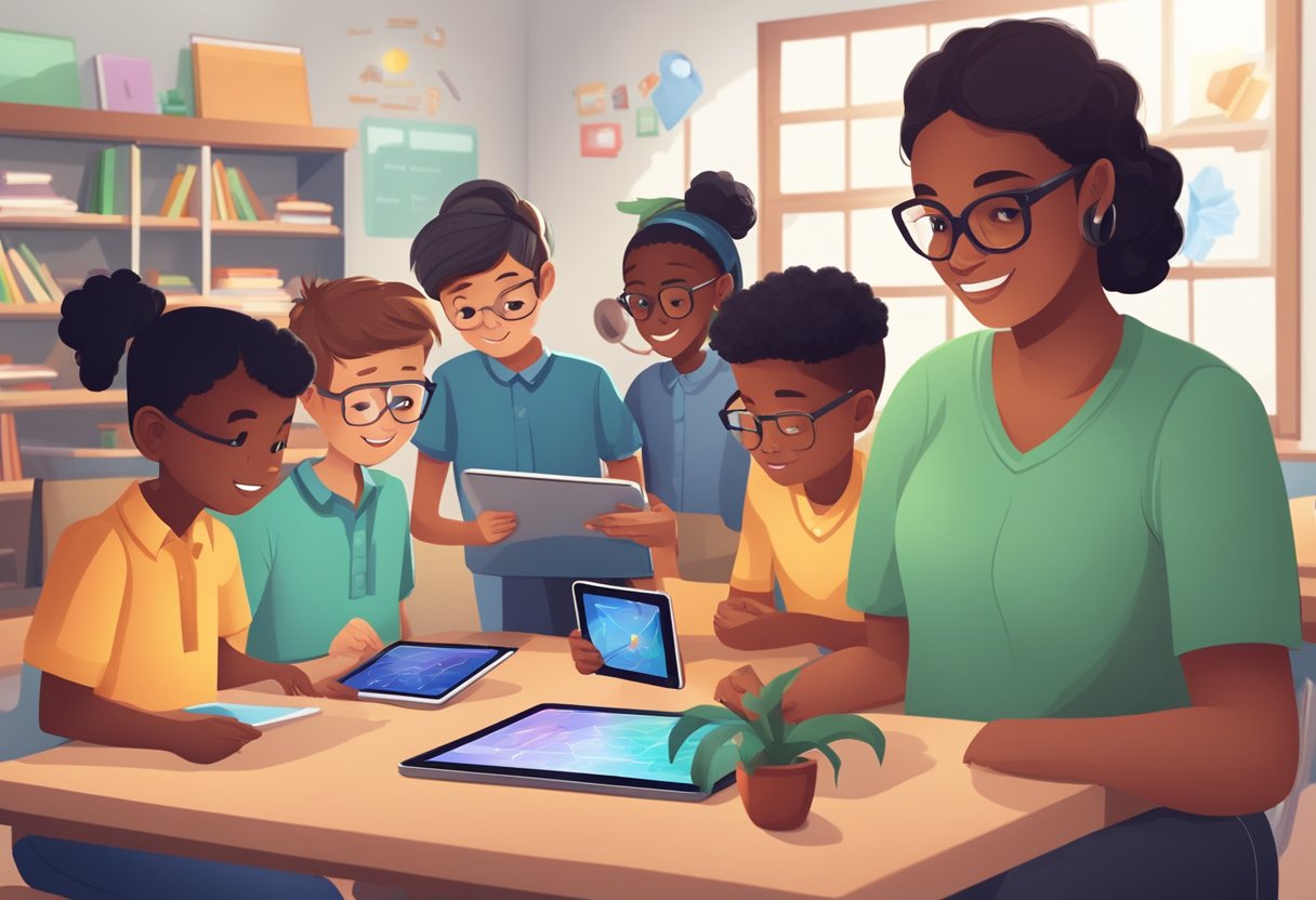 A diverse group of students engage with interactive educational apps on tablets, while a teacher monitors progress and adjusts settings for individualized learning