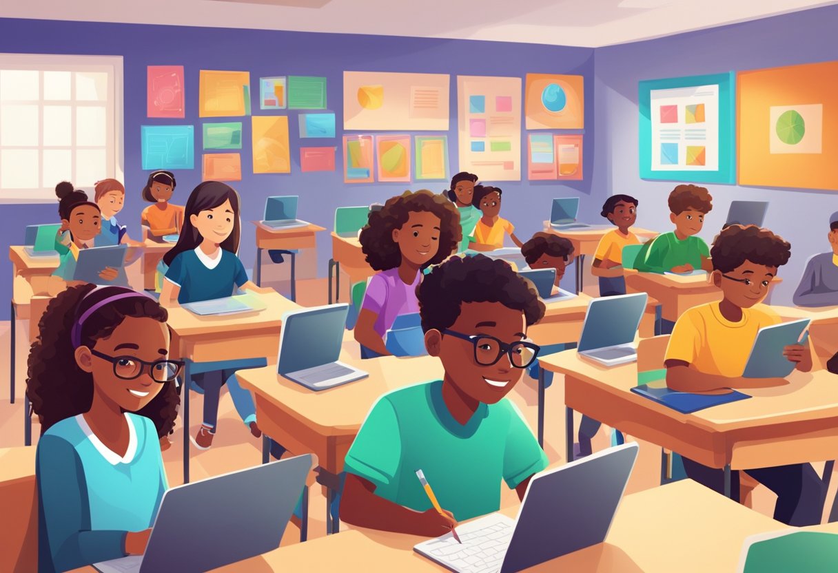 A diverse group of students using tablets and computers with educational apps. A teacher guides them, while others work independently. The classroom is bright and inviting, with colorful posters and educational materials on the walls