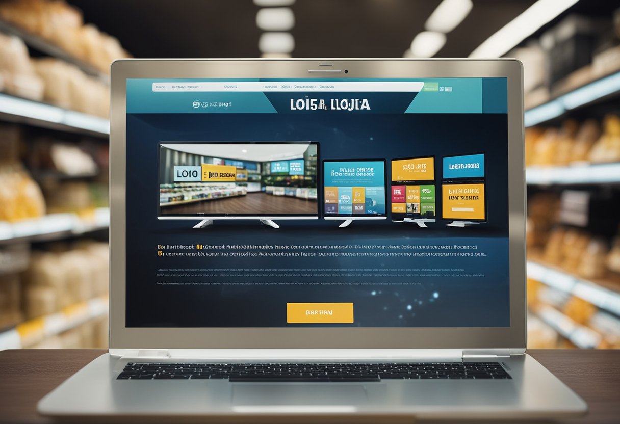 A computer screen displaying a virtual store with the text "Loja Virtual Criar Site e Lojas virtuais em bauru" prominently featured