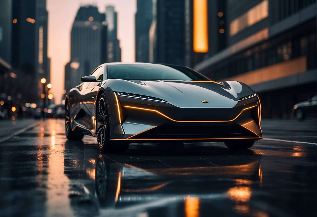 A sleek car with aerodynamic lines and bold accents sits against a futuristic city backdrop, showcasing its enhanced design features
