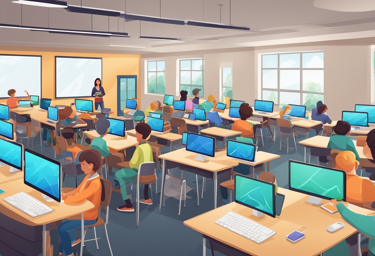 A classroom with students using laptops and tablets to create and organize digital portfolios. Screens display various projects and assignments