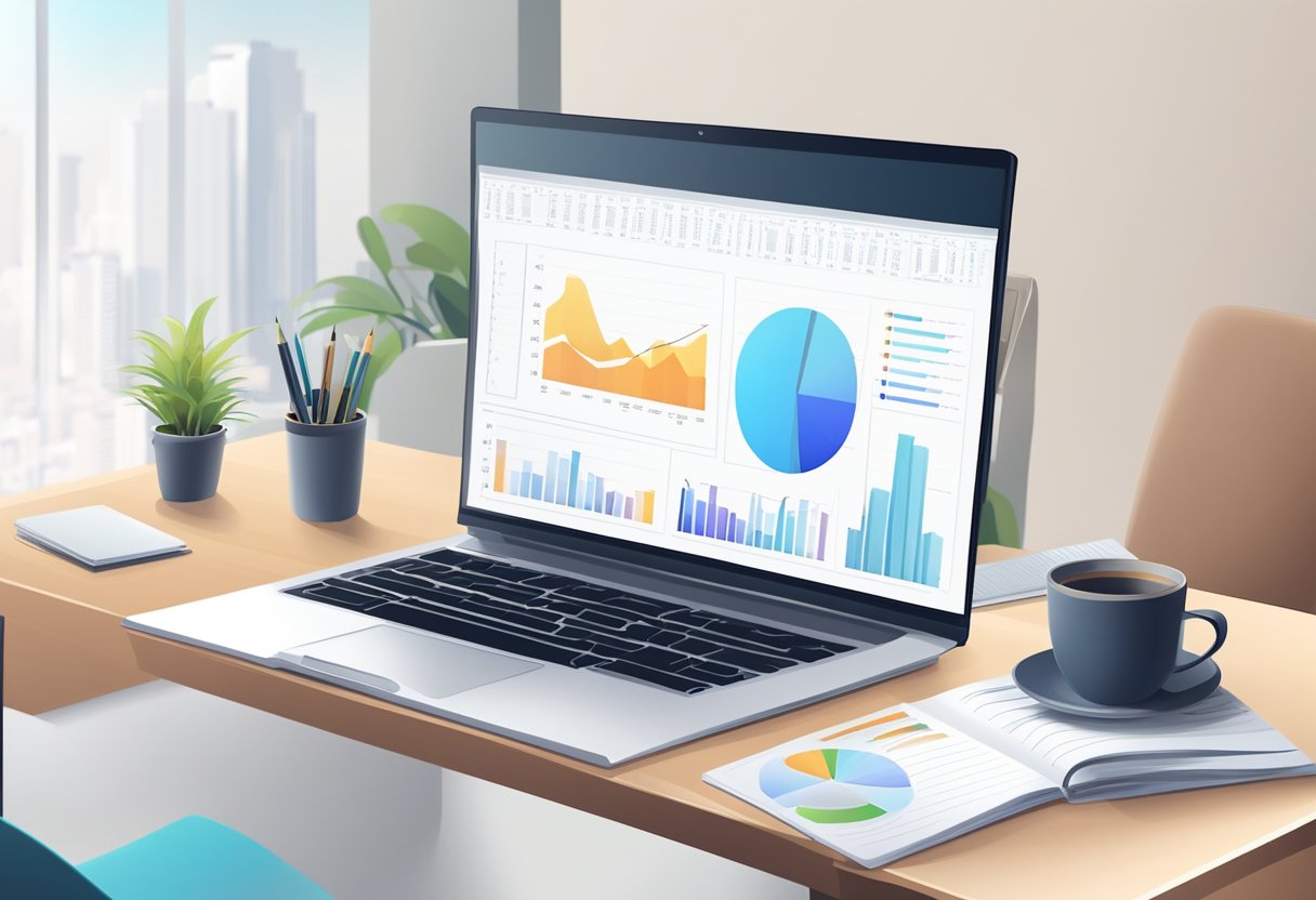 A table with a laptop, notebook, and pen. A digital portfolio displayed on the screen. Charts and graphs on the wall