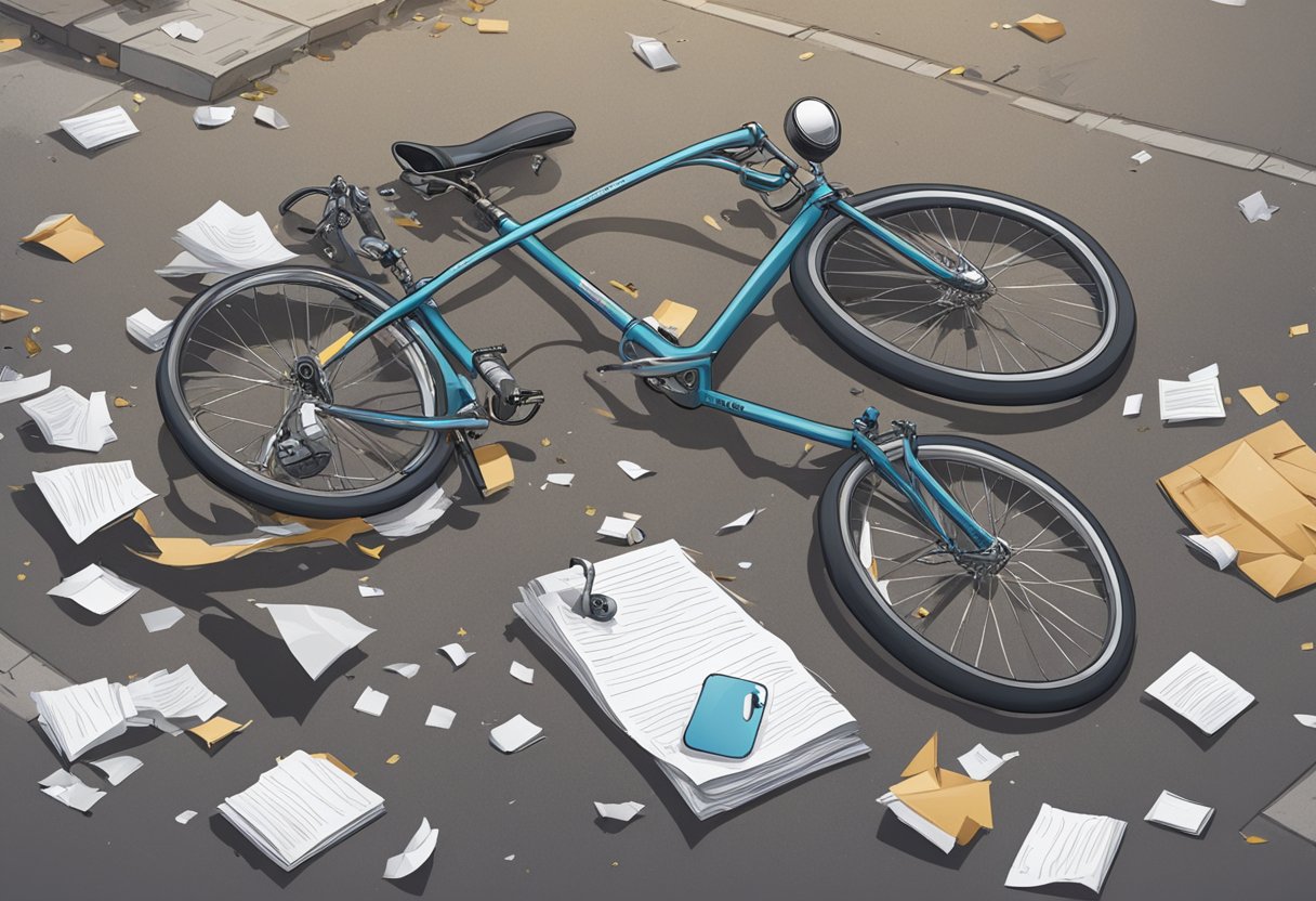 Allan Gore's overturned bicycle lies on the ground, surrounded by scattered papers and a broken phone. The street is empty, with no sign of Allan