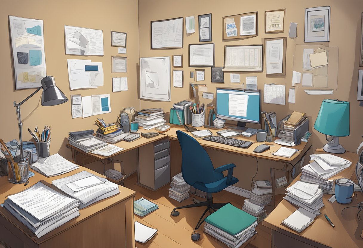 Allan Gore's office: cluttered desk, framed degrees, and awards on the wall. Empty coffee mug, open laptop, and papers scattered