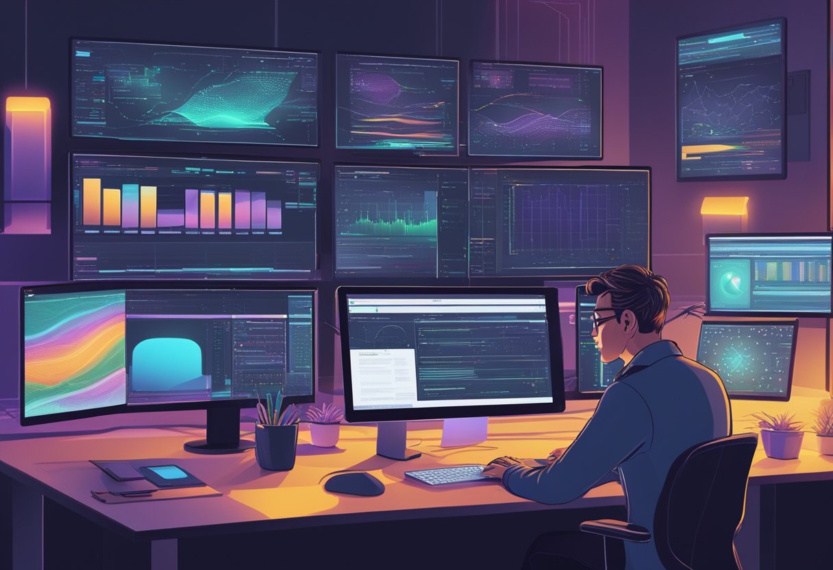 A programmer sits at a desk surrounded by computer screens, typing and interacting with AI software. The room is filled with the glow of digital displays