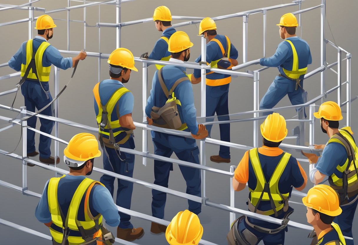 Workers wearing safety harnesses and helmets while working at heights, using guardrails and safety nets. Tools and materials secured to prevent falling