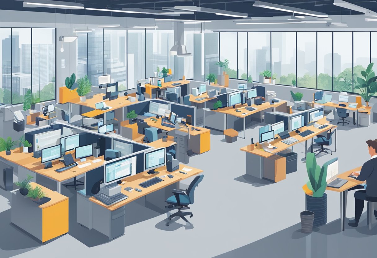 A bustling office with computers and machinery, as Google's AI technology streamlines processes and enhances productivity in various industries