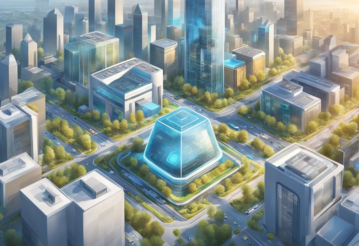 Google AI for Society and the Future: A futuristic cityscape with AI-powered infrastructure and technology, including smart buildings, autonomous vehicles, and advanced communication systems