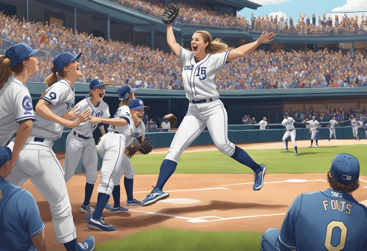 Montana Fouts pitching a perfect game, surrounded by cheering teammates and a jubilant crowd