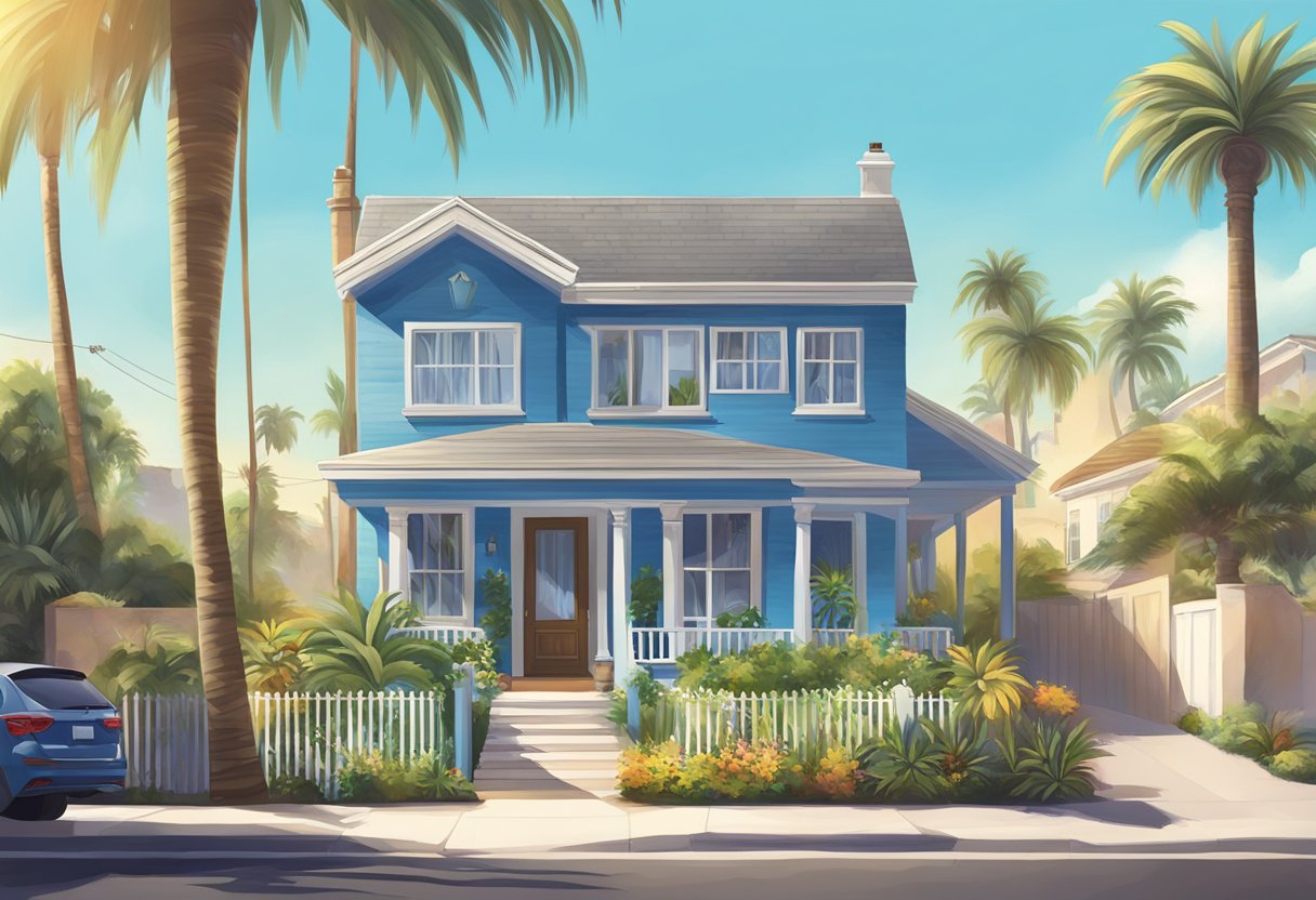 A sunny San Diego street with a "For Sale" sign in front of a charming house, surrounded by palm trees and a clear blue sky