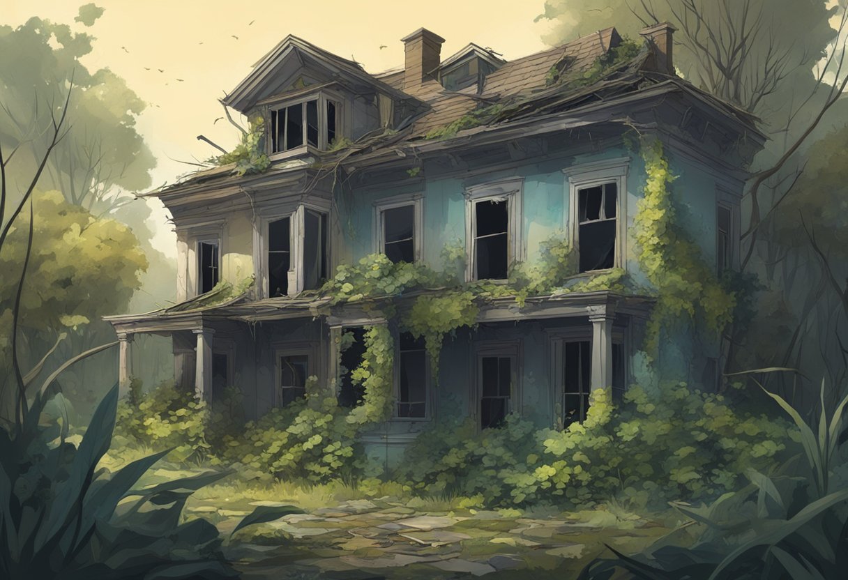 The abandoned house is dilapidated, with broken windows and overgrown plants. Inside, the floors are covered in debris and the walls are peeling. The atmosphere is eerie and unsettling