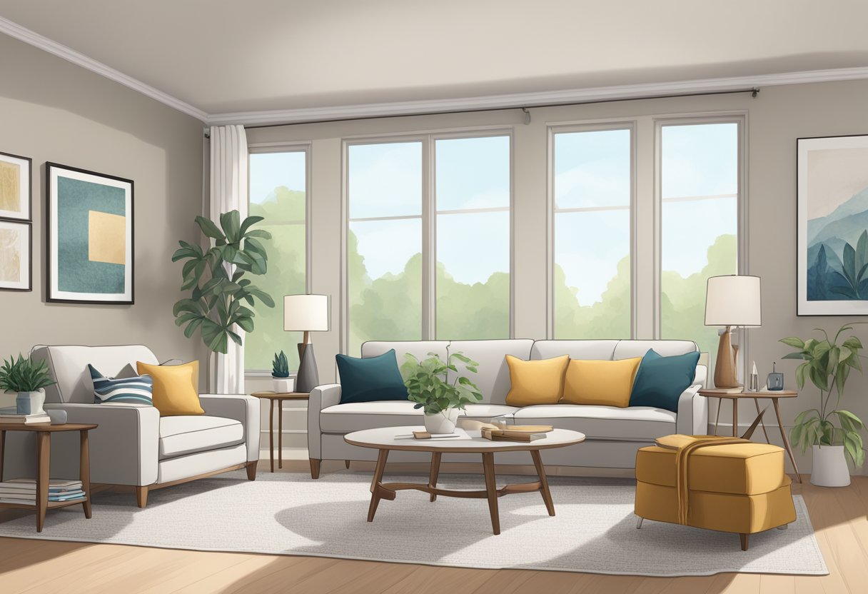 A clean, clutter-free living room with neutral decor, natural light, and strategically placed furniture. A "For Sale" sign visible through the window