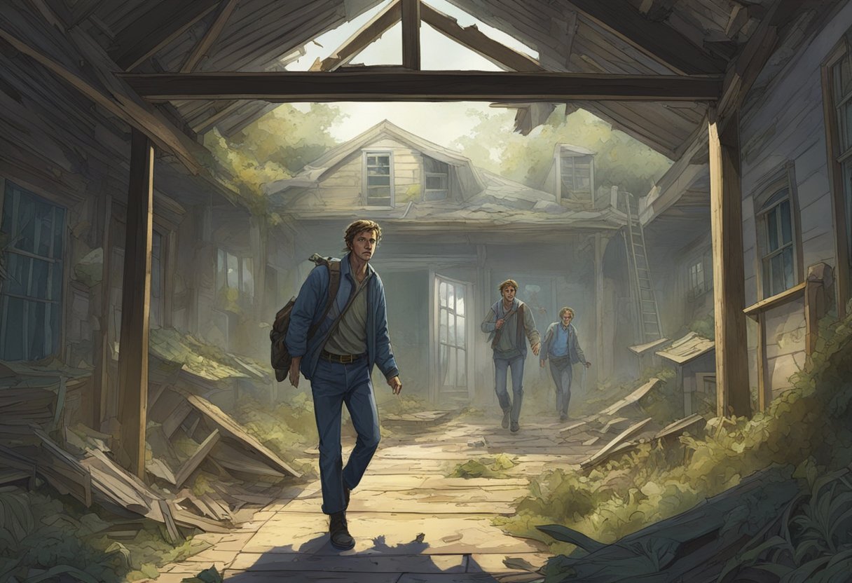 Peter Duke navigates through a dilapidated house, dodging debris and avoiding the grasp of decaying zombies lurking in the shadows