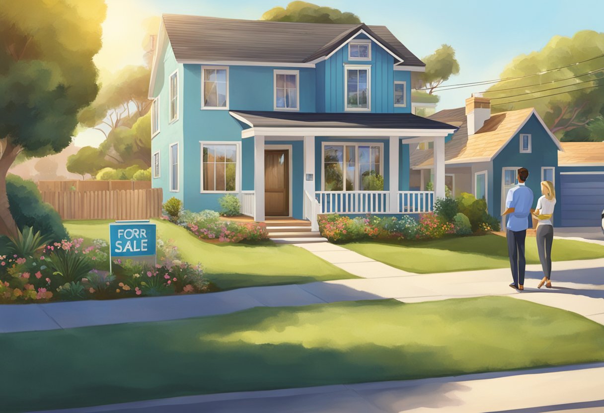 A sunny San Diego neighborhood with a "For Sale" sign in front of a charming house. A real estate agent and potential buyers chat in the driveway