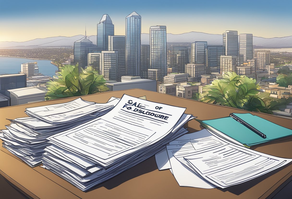 A stack of legal paperwork and disclosure forms on a desk, with a "For Sale" sign and a San Diego cityscape in the background