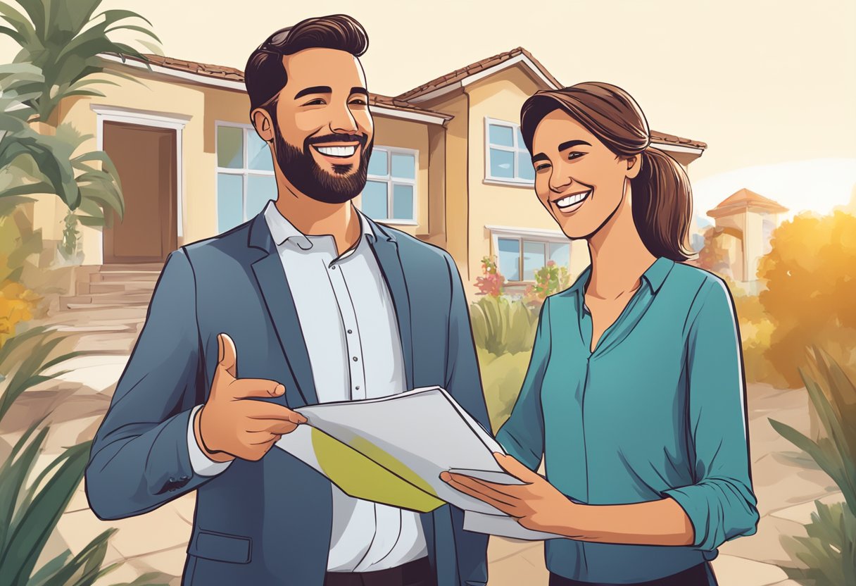 A smiling couple receives multiple offers for their San Diego home, while a real estate agent advises them on negotiation strategies