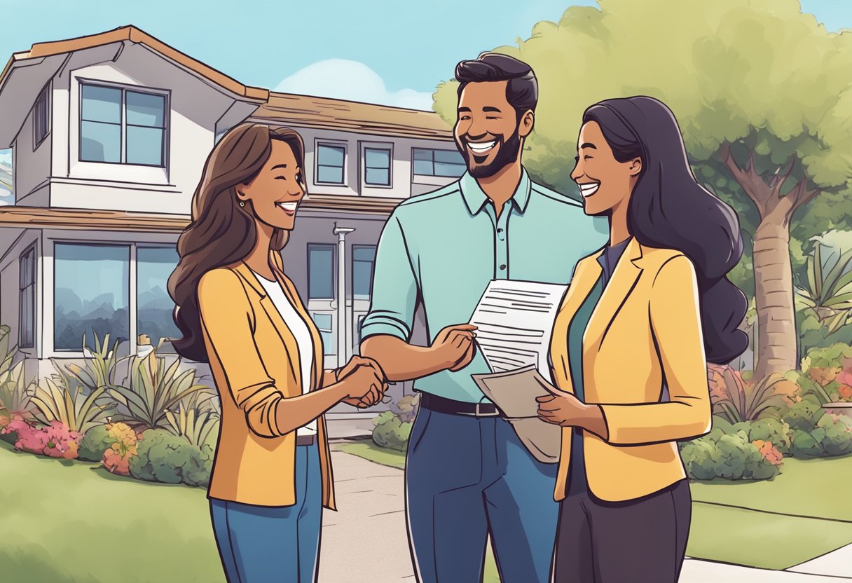 A smiling couple shakes hands with a real estate agent in front of a sold sign outside a charming San Diego home. The agent holds a stack of paperwork, while the couple looks excited and relieved