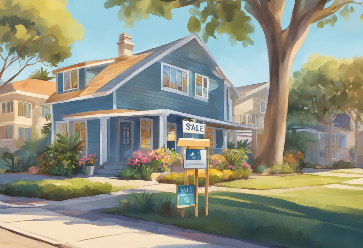 A sunny San Diego neighborhood with a "For Sale" sign in front of a charming home. A stack of FAQ pamphlets sits on a nearby table