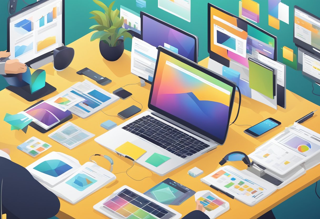 A digital portfolio surrounded by various media types, such as text, images, and videos, with feedback loops connecting them