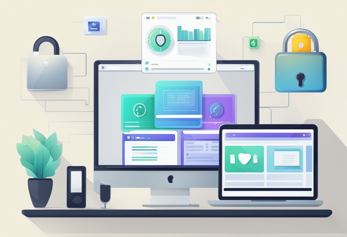 A computer screen displaying a digital portfolio with privacy and data security measures. A lock icon symbolizes secure access. Creative work is showcased in various formats