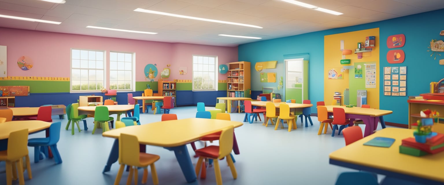 A colorful and playful classroom setting with various body part illustrations and interactive games for preschool students