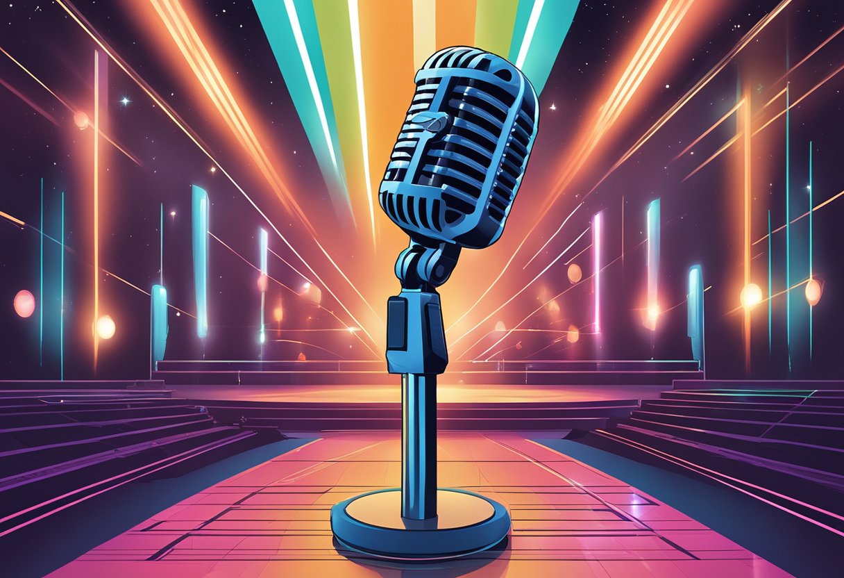 A microphone stands alone on a stage, surrounded by futuristic technology and vibrant lights, symbolizing the evolution of boyinaband's music career