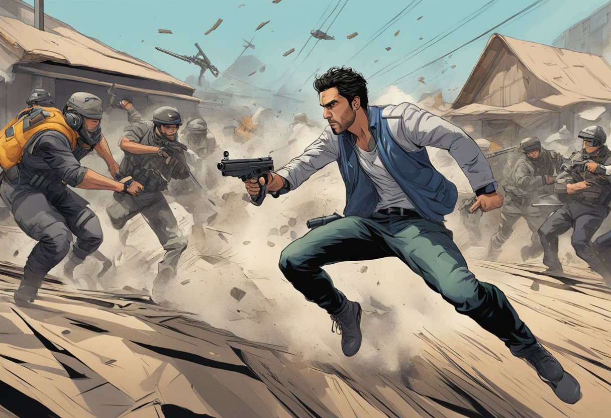 Dominique Luca races through a chaotic shootout, dodging bullets and taking cover. The scene is filled with tension and danger as he fights to survive