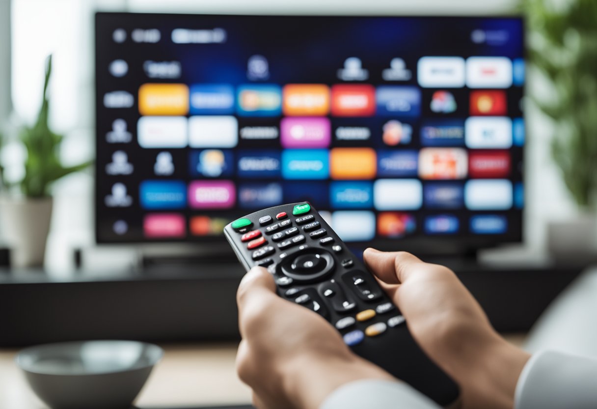 A person sitting on a couch, holding a remote control and watching a high-quality IPTV service on their television. The screen displays a variety of channels and content options