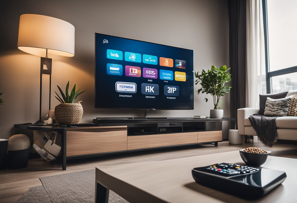 A modern living room with a large flat-screen TV displaying various IPTV channels. A remote control sits on the coffee table, and a high-speed internet router is visible in the background