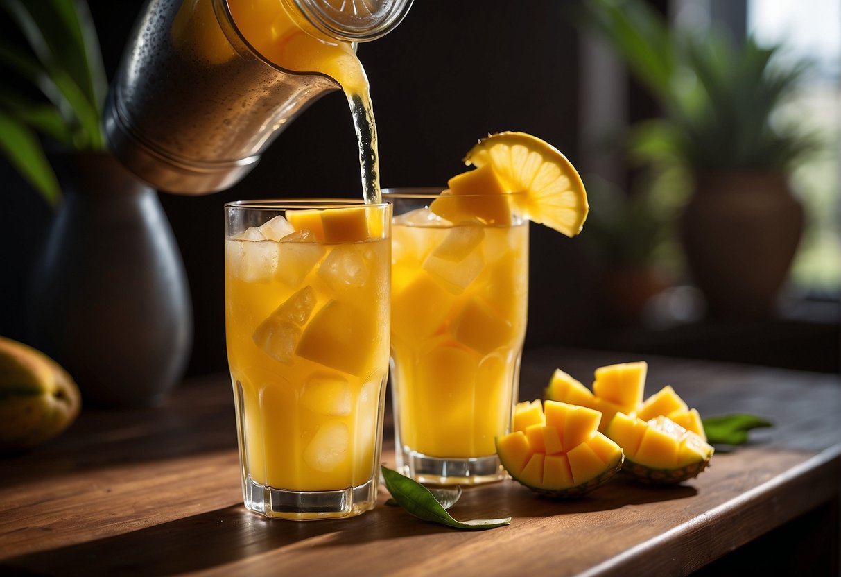 A glass filled with ice, pouring mango pineapple refresher from a pitcher, surrounded by fresh mango and pineapple slices