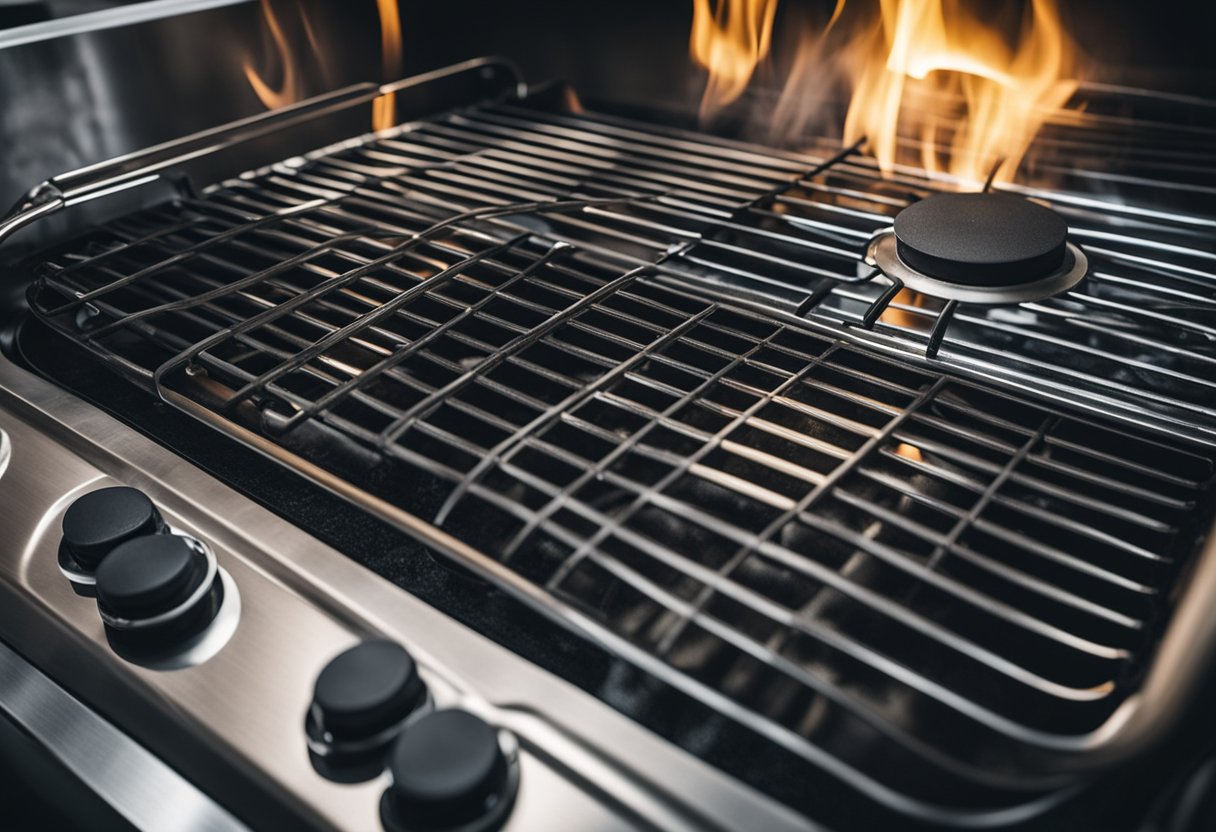 The stove cleaning process: removing grates, wiping down surfaces, and scrubbing burners. Proper care and maintenance are essential