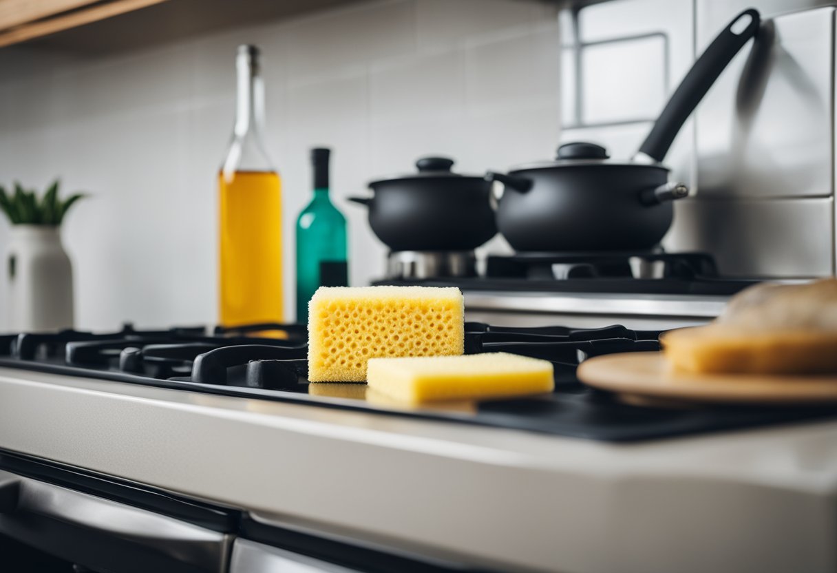 A hand holding a sponge cleans the stovetop. A bottle of cleaner sits nearby. A cloth hangs from the handle