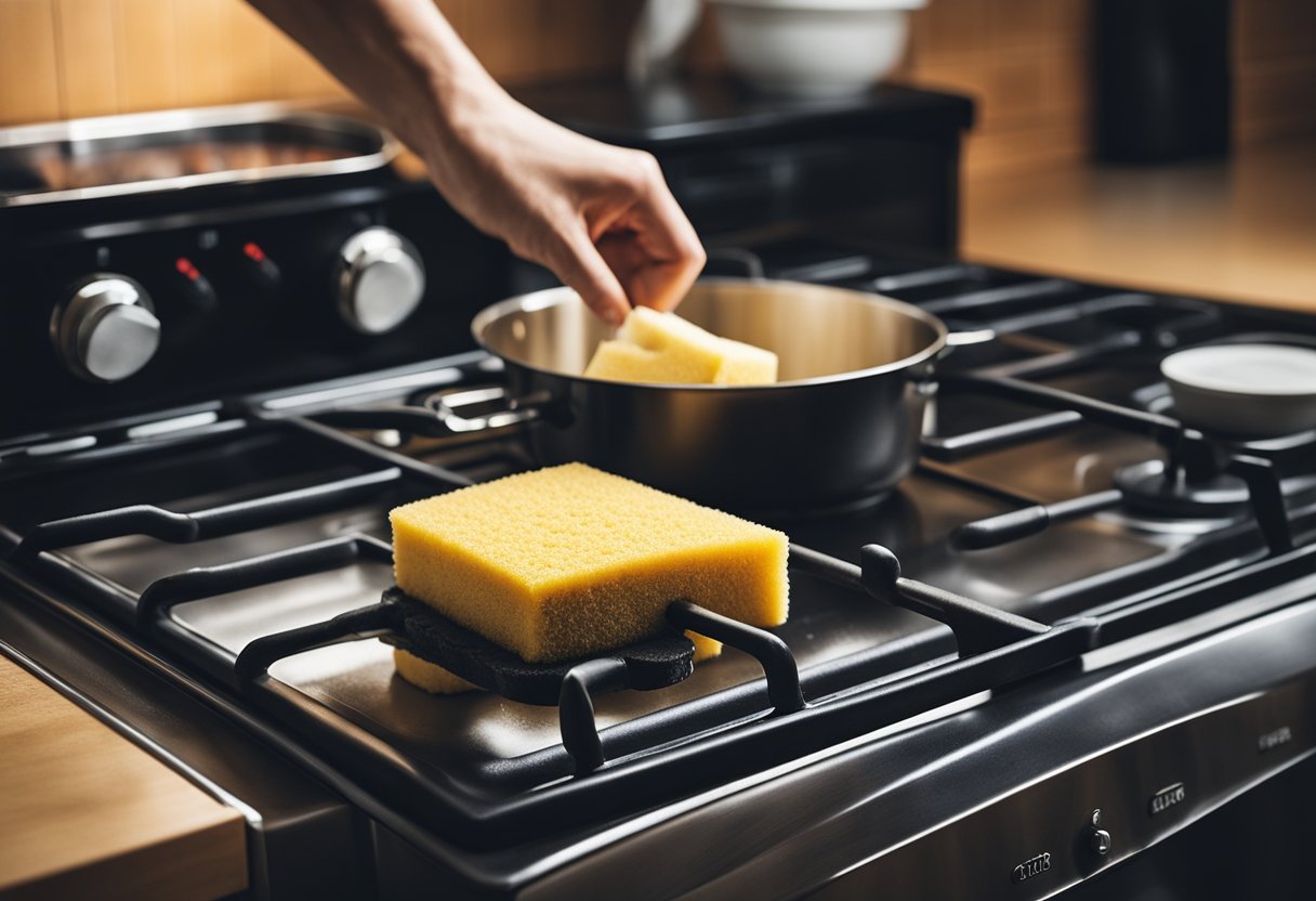 A hand reaches for a sponge to clean a greasy stovetop. A bottle of cleaner sits nearby, with a cloth and scrub brush