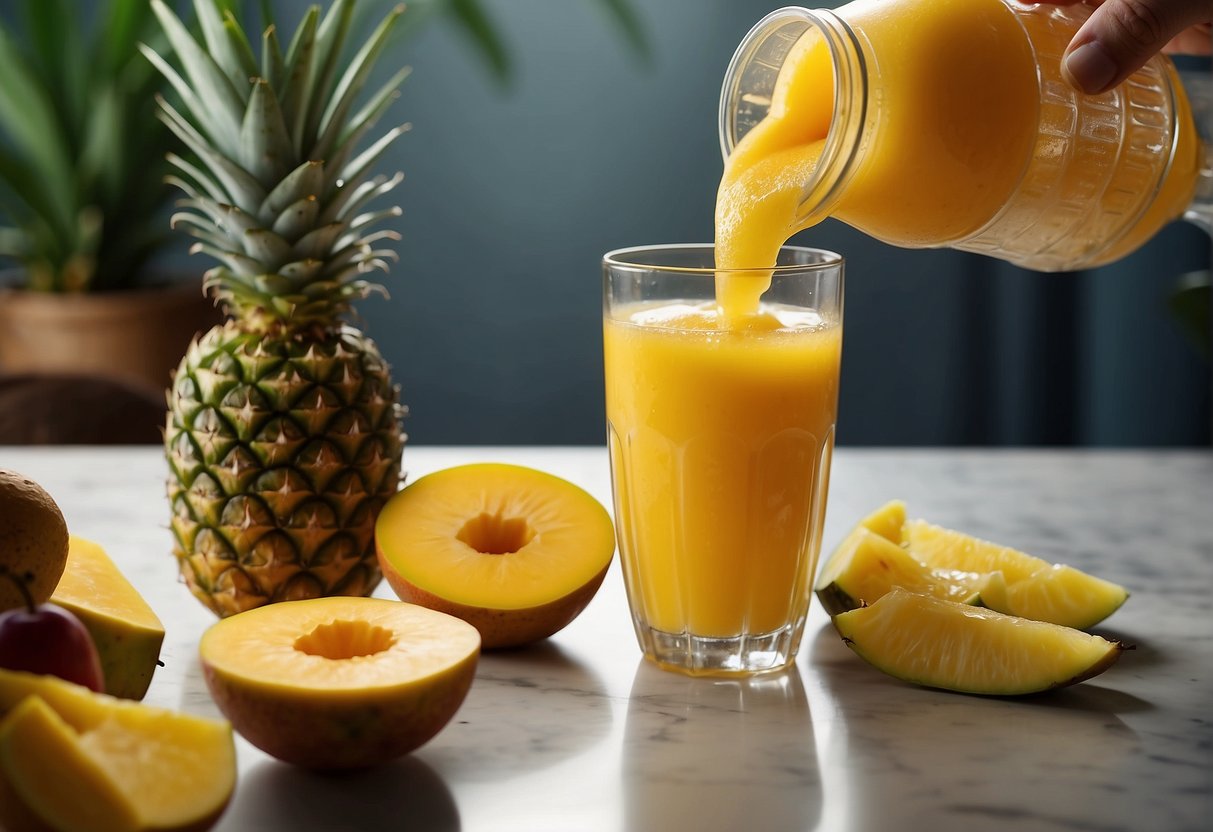 A hand pours mango and pineapple juice into a blender. Ice is added and the mixture is blended. The refreshing drink is poured into a clear cup with ice and garnished with fresh fruit