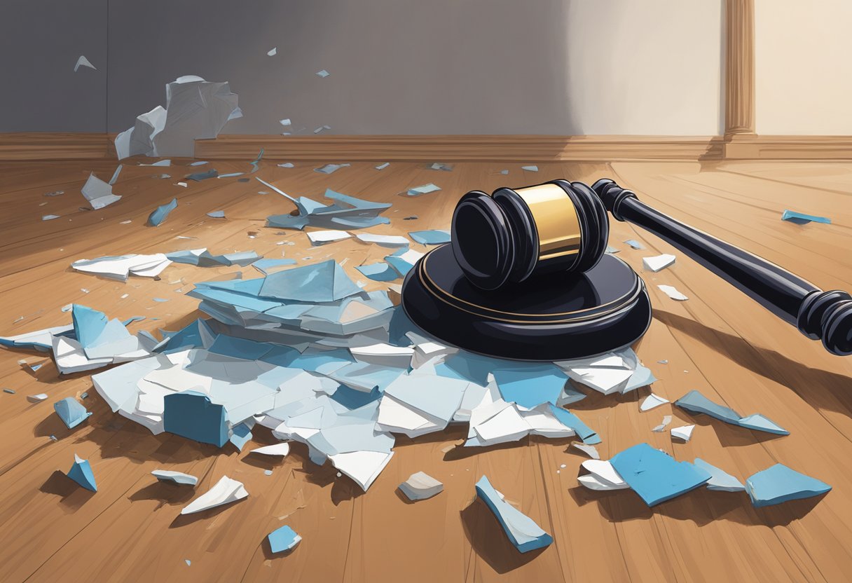 A broken gavel lies on the floor, next to a shattered picture frame of Judge Lynn Toler and her husband