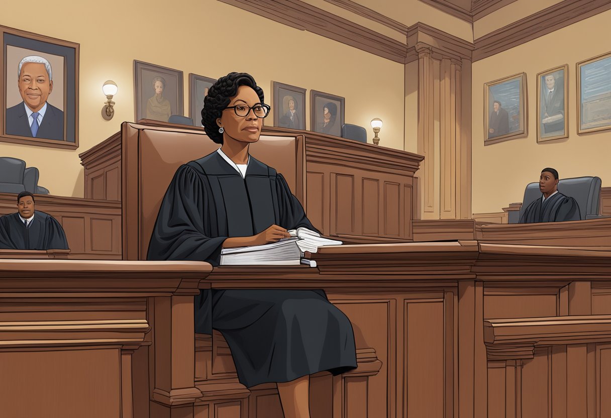 A courtroom scene with a judge's bench and gavel, a bookshelf filled with legal books, and a portrait of Judge Lynn Toler on the wall