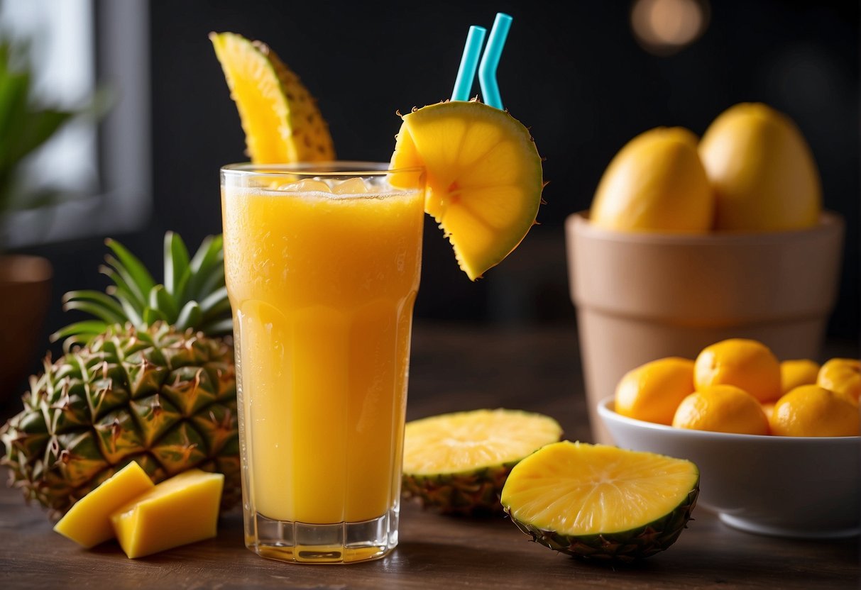 A refreshing mango pineapple drink is being prepared with various ingredients and a Dunkin Donuts logo in the background