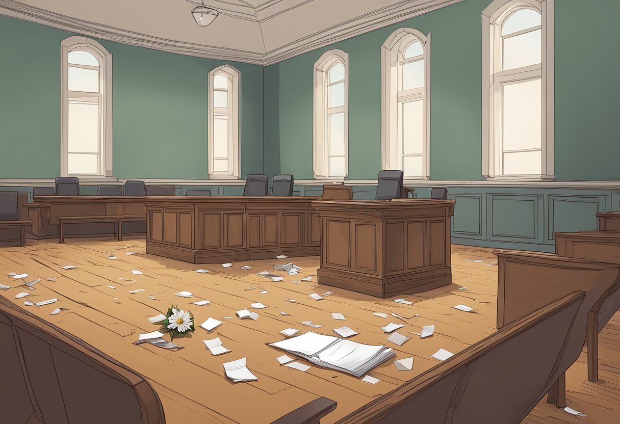 A desolate courtroom with an empty bench and scattered papers, a single wilted flower lies abandoned on the floor