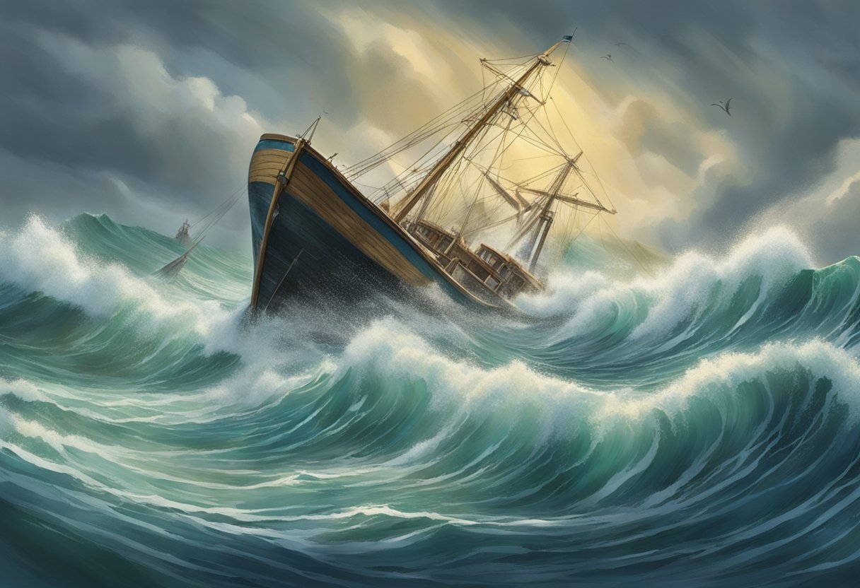 Crabtree and Evelyn's boat capsized in a storm. Waves crashed, wind howled, and the vessel sank beneath the churning sea