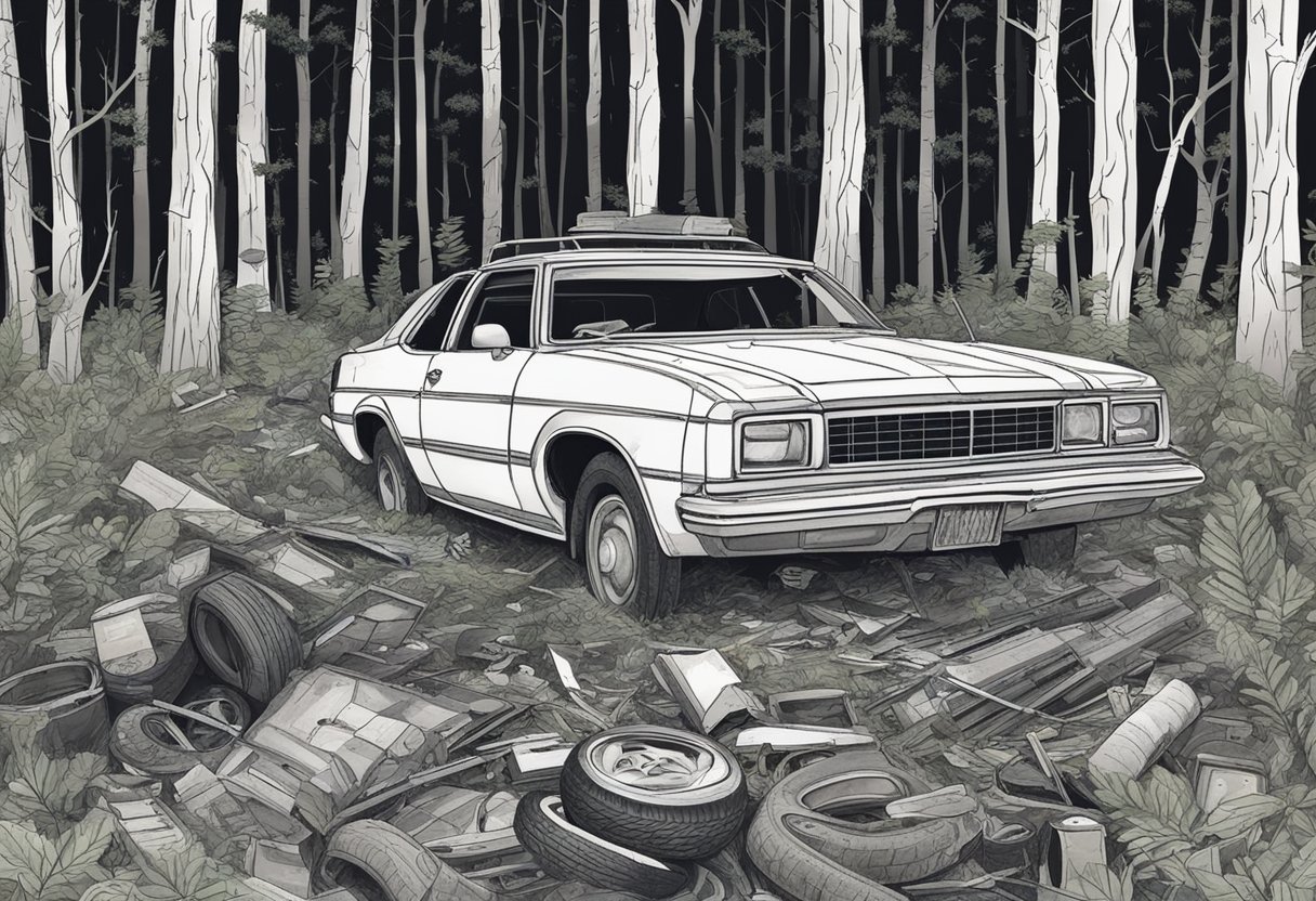 Amanda Peterson's abandoned car in a dark forest clearing, surrounded by tire tracks and scattered belongings