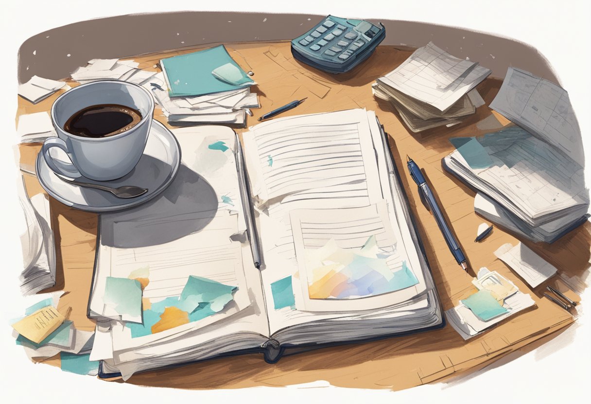 A cluttered desk with scattered papers and a half-empty coffee cup, a photo of a smiling family, and a worn-out journal with tear stains